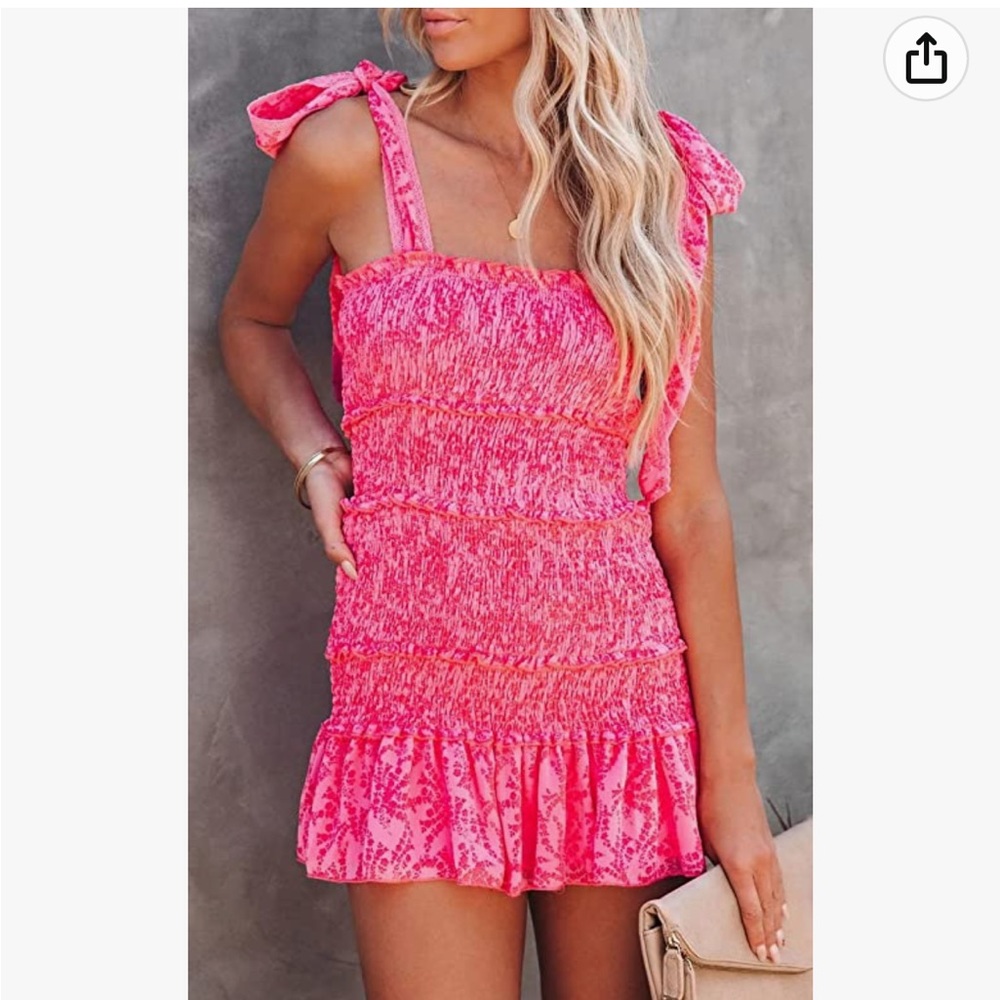 Women's Summer Floral Spaghetti Strap Square Neck Ruffle Tie Mini Smocked Dress